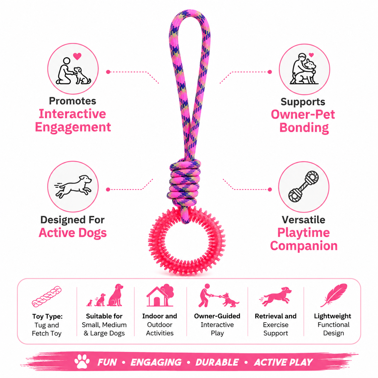 Durable Dog Rope and Rubber Chew Toy for Tug, Fetch and Interactive Play - Pink