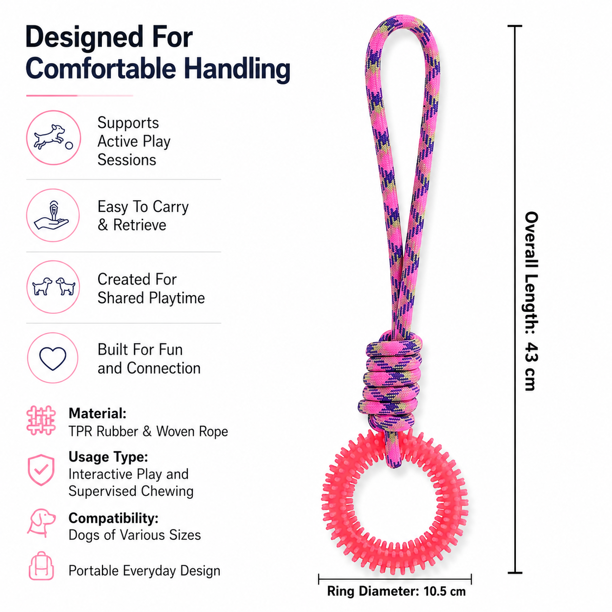 Durable Dog Rope and Rubber Chew Toy for Tug, Fetch and Interactive Play - Pink
