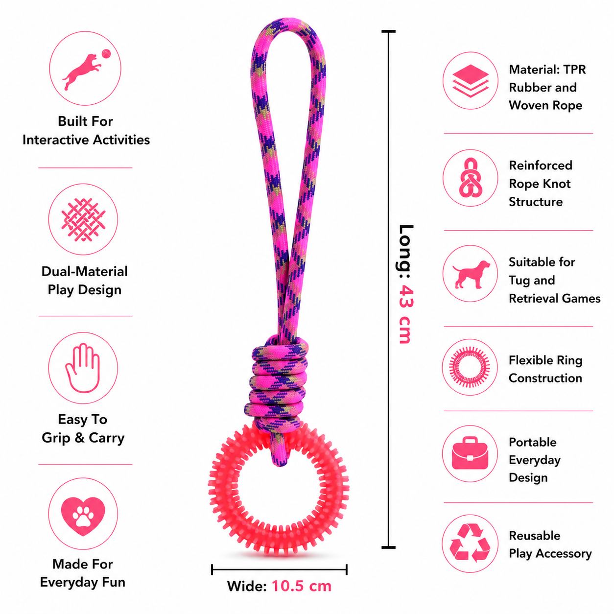 Durable Dog Rope and Rubber Chew Toy for Tug, Fetch and Interactive Play - Pink