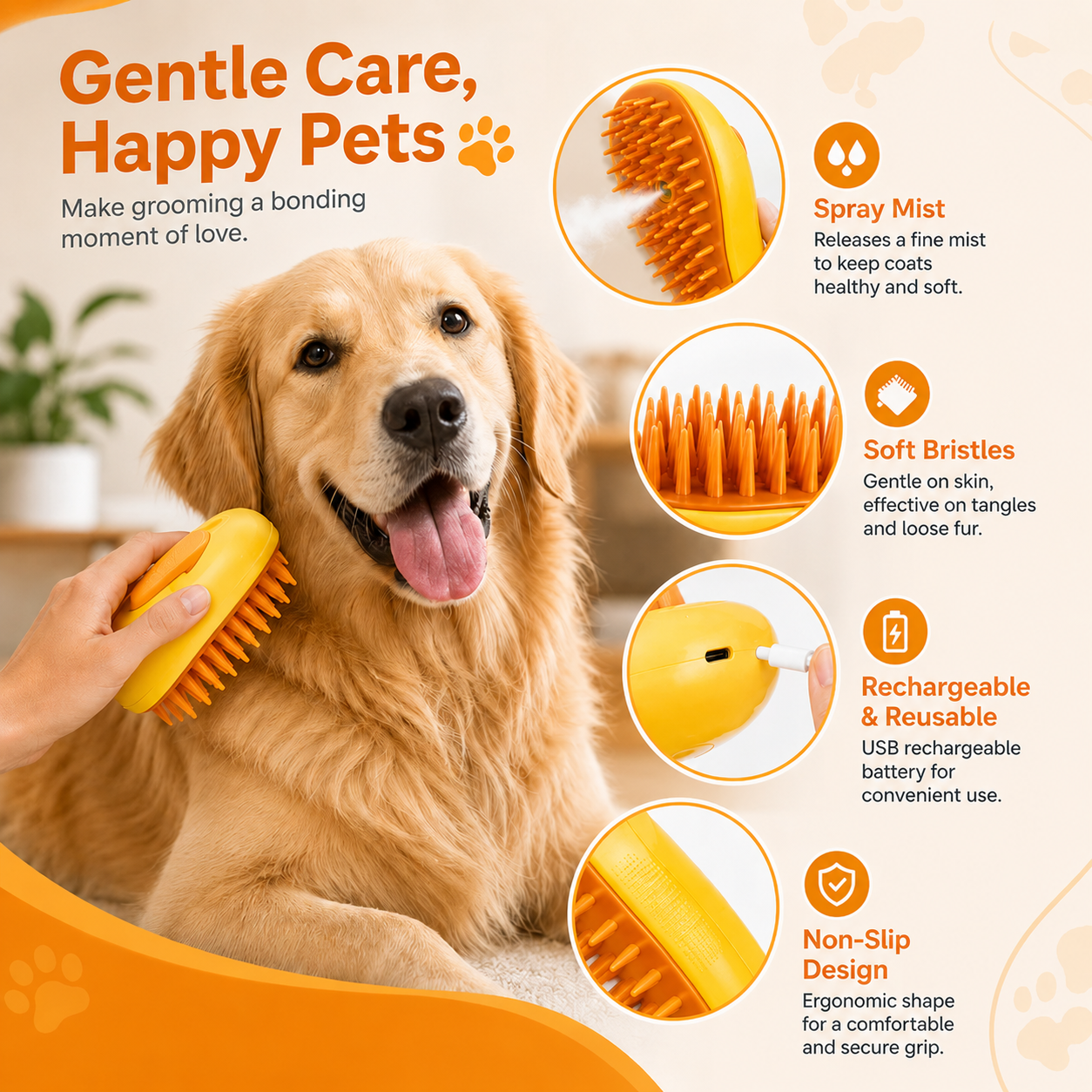 Pet Grooming Brush with Spray Function for Dogs and Cats - Yellow