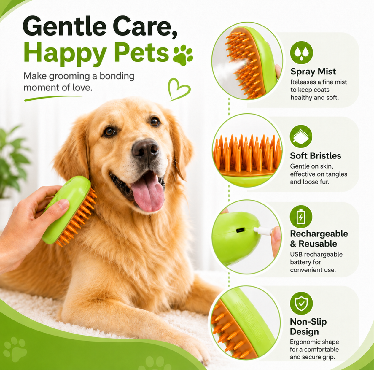 3 in 1 Pet Hair Removal Brush Grooming and Massage Comb for Cats and Dogs - Green