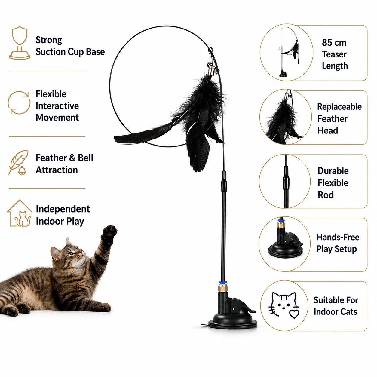 Interactive Cat Feather Teaser Pole with Suction Cup Base - Black