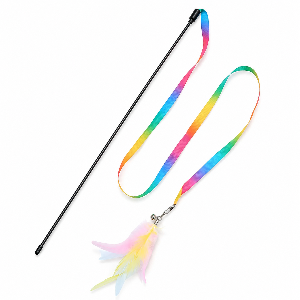 Portable Feather Cat Stick Toy with Bell and Satin Streamers for Cats