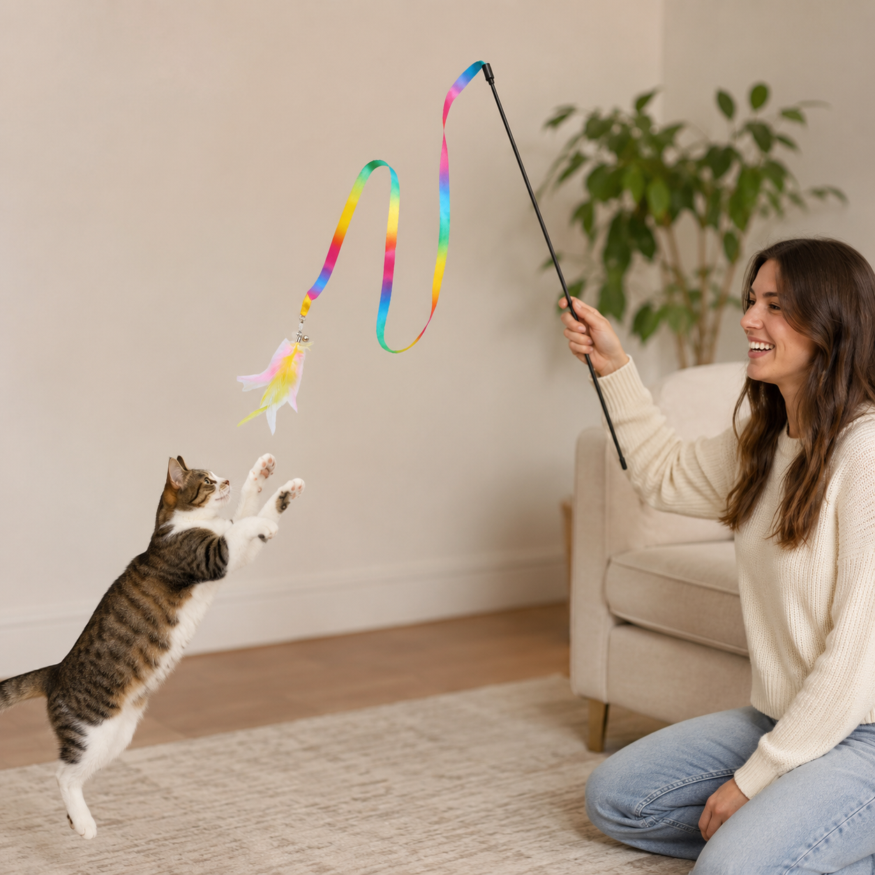 Portable Feather Cat Stick Toy with Bell and Satin Streamers for Cats