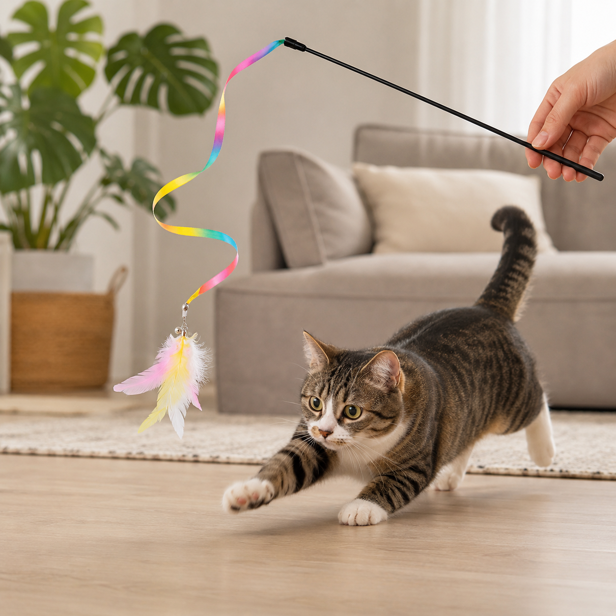 Portable Feather Cat Stick Toy with Bell and Satin Streamers for Cats