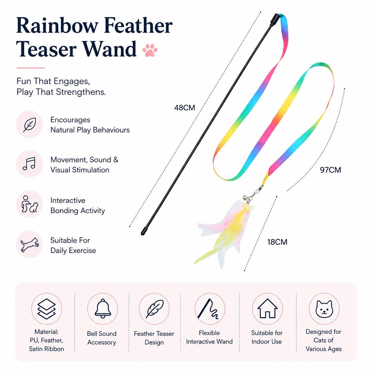 Portable Feather Cat Stick Toy with Bell and Satin Streamers for Cats