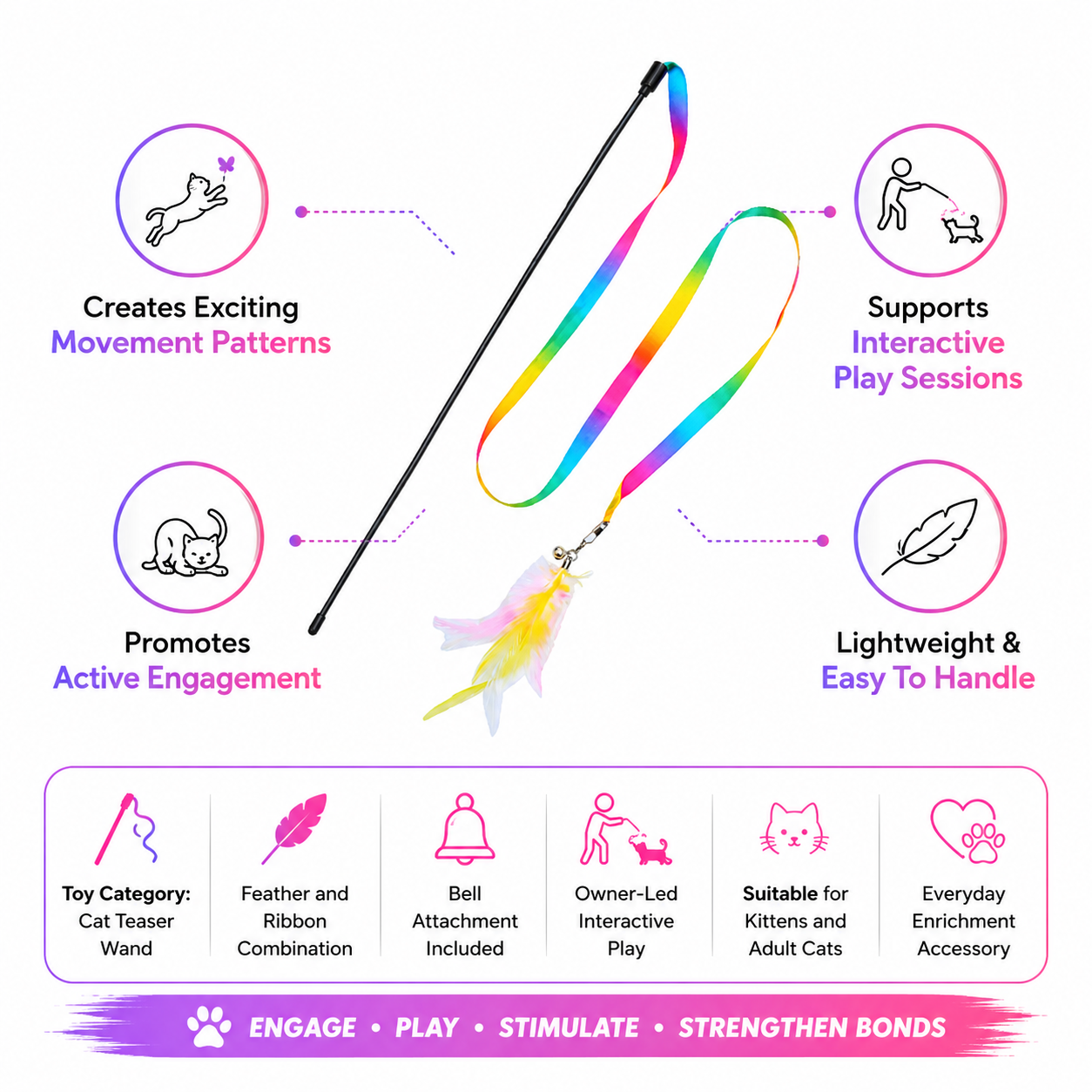 Portable Feather Cat Stick Toy with Bell and Satin Streamers for Cats