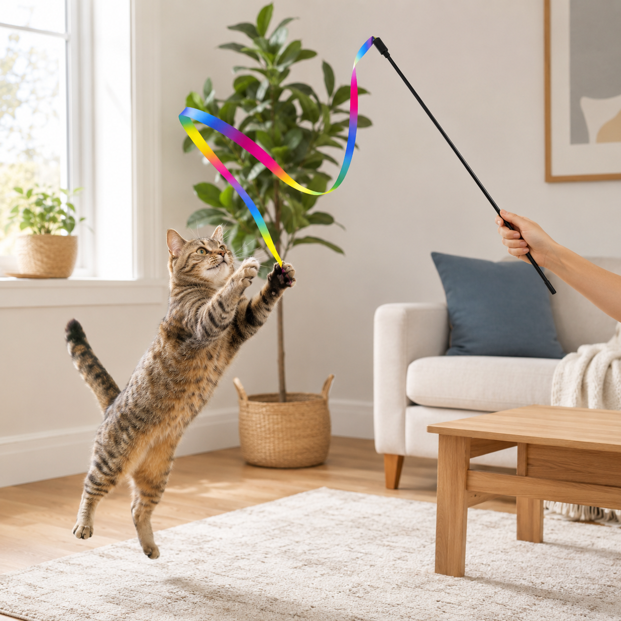 Interactive Feather Cat Teaser Wand with Satin Ribbons and Bell for Indoor Cats