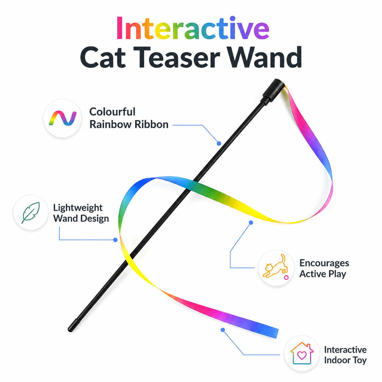 Interactive Feather Cat Teaser Wand with Satin Ribbons and Bell for Indoor Cats