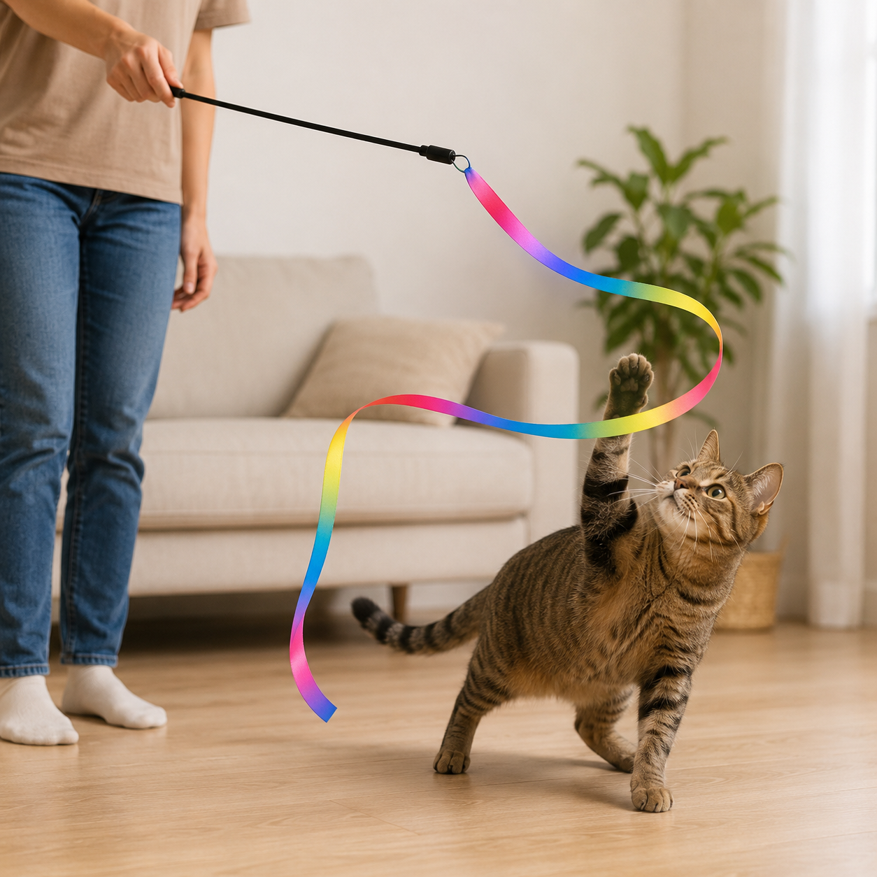 Interactive Feather Cat Teaser Wand with Satin Ribbons and Bell for Indoor Cats