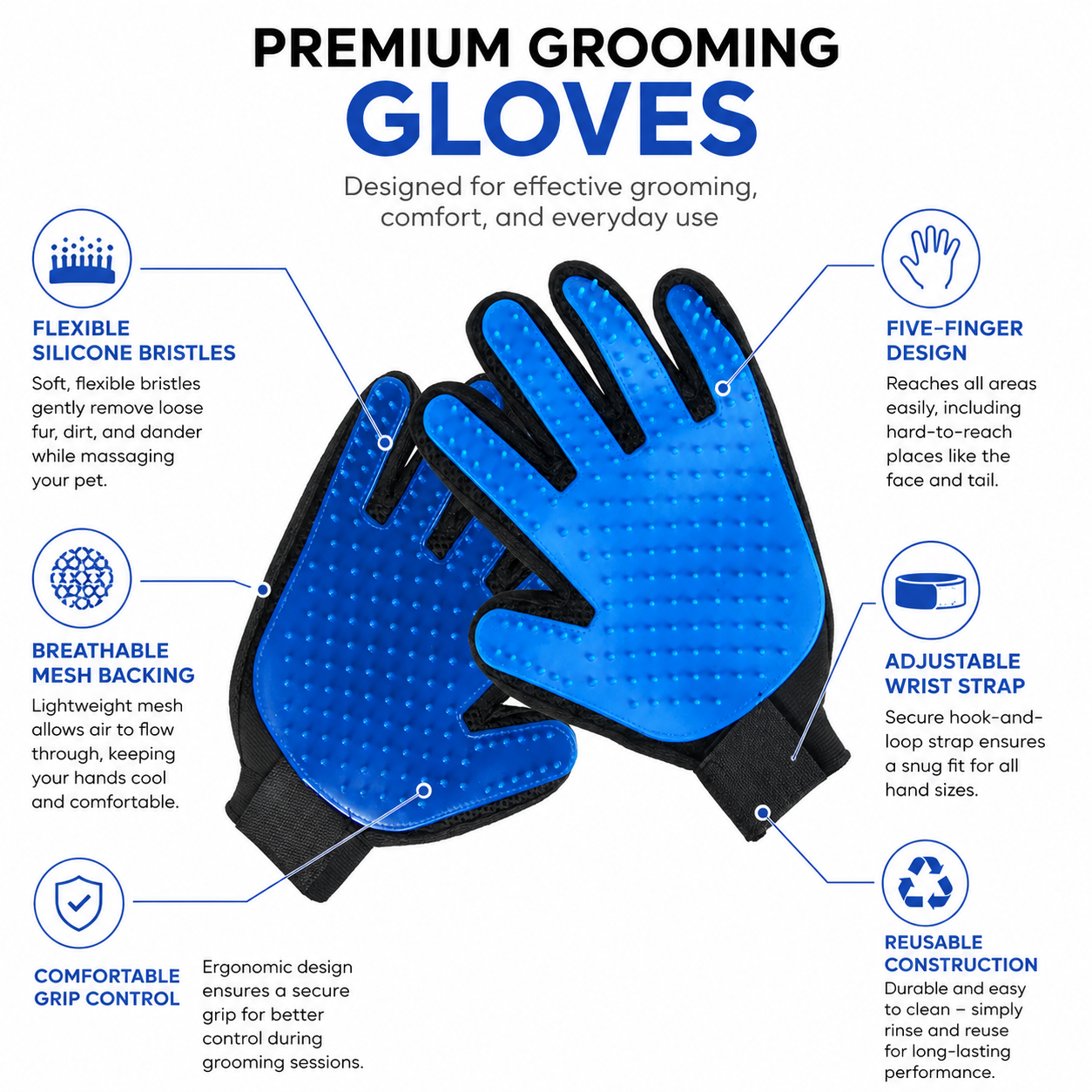 Reusable Silicone Pet Grooming Gloves for Dogs and Cats Deshedding and Cleaning - Blue