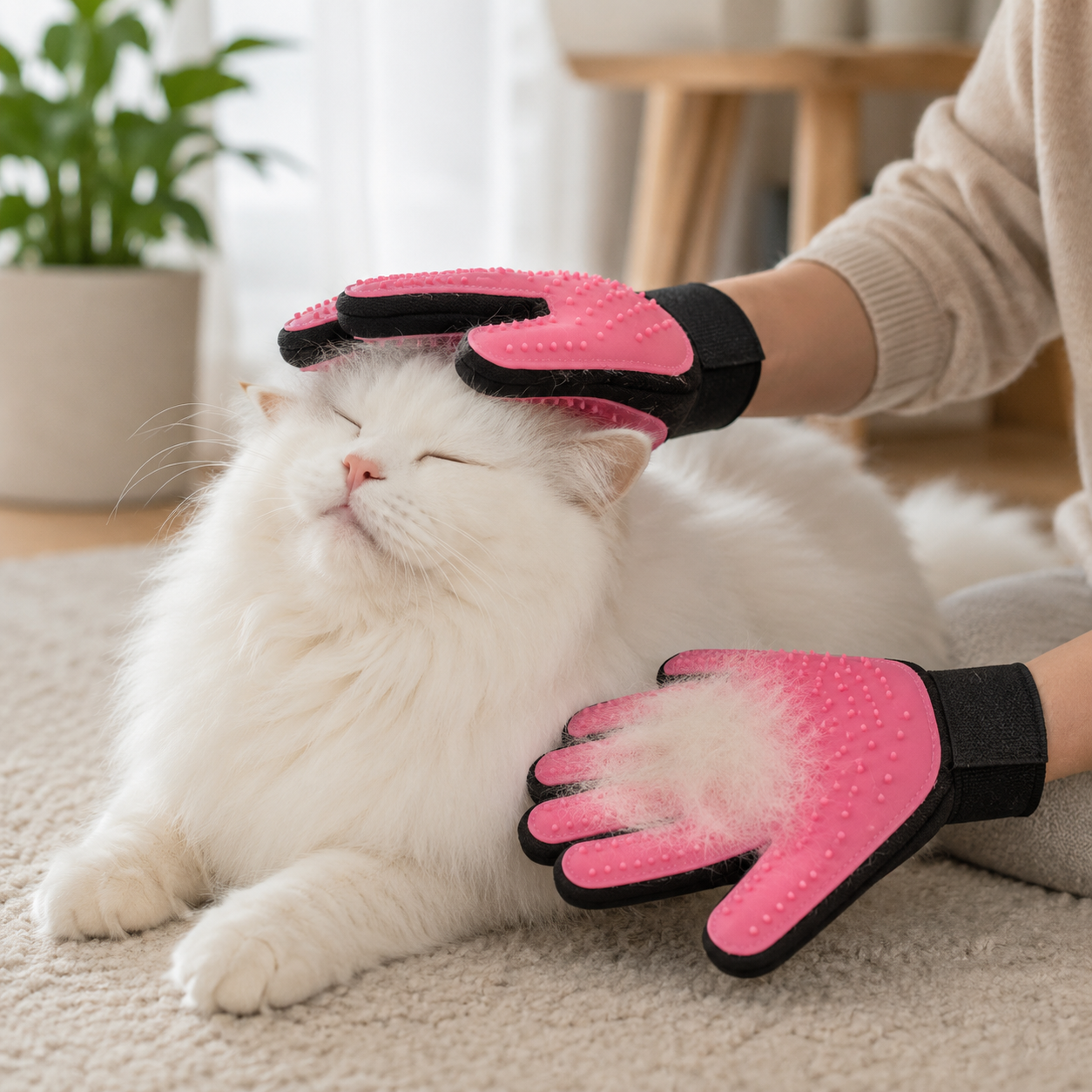 Pet Hair Removal Grooming Gloves with Silicone Bristles for Dogs and Cats - Pink
