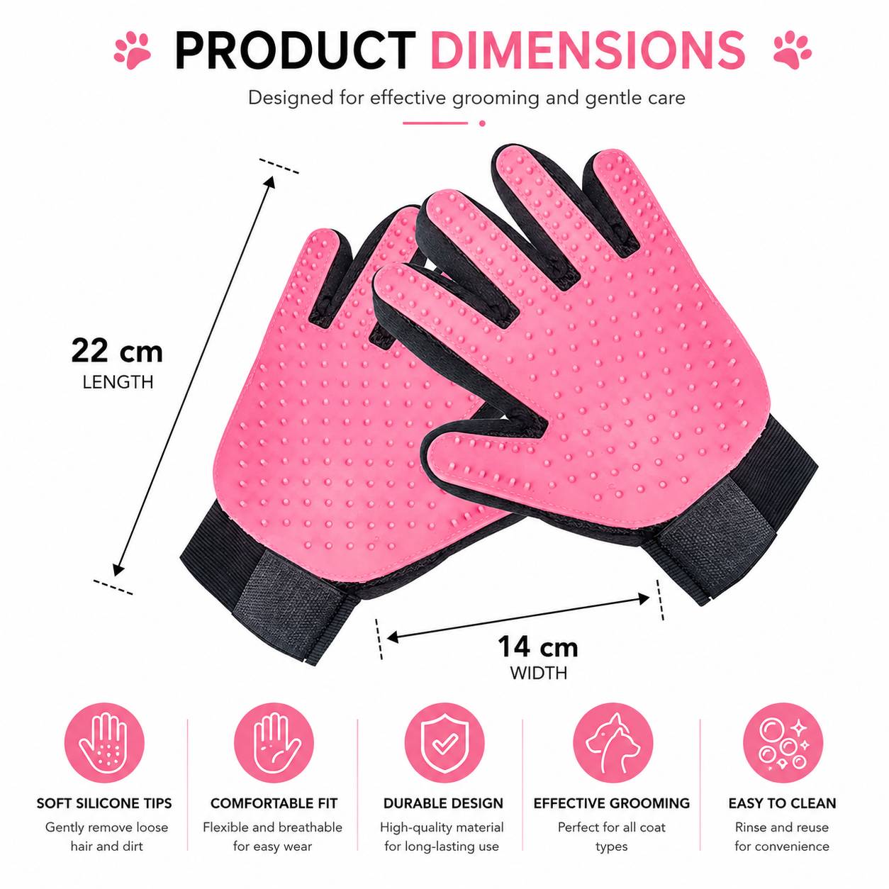 Pet Hair Removal Grooming Gloves with Silicone Bristles for Dogs and Cats - Pink