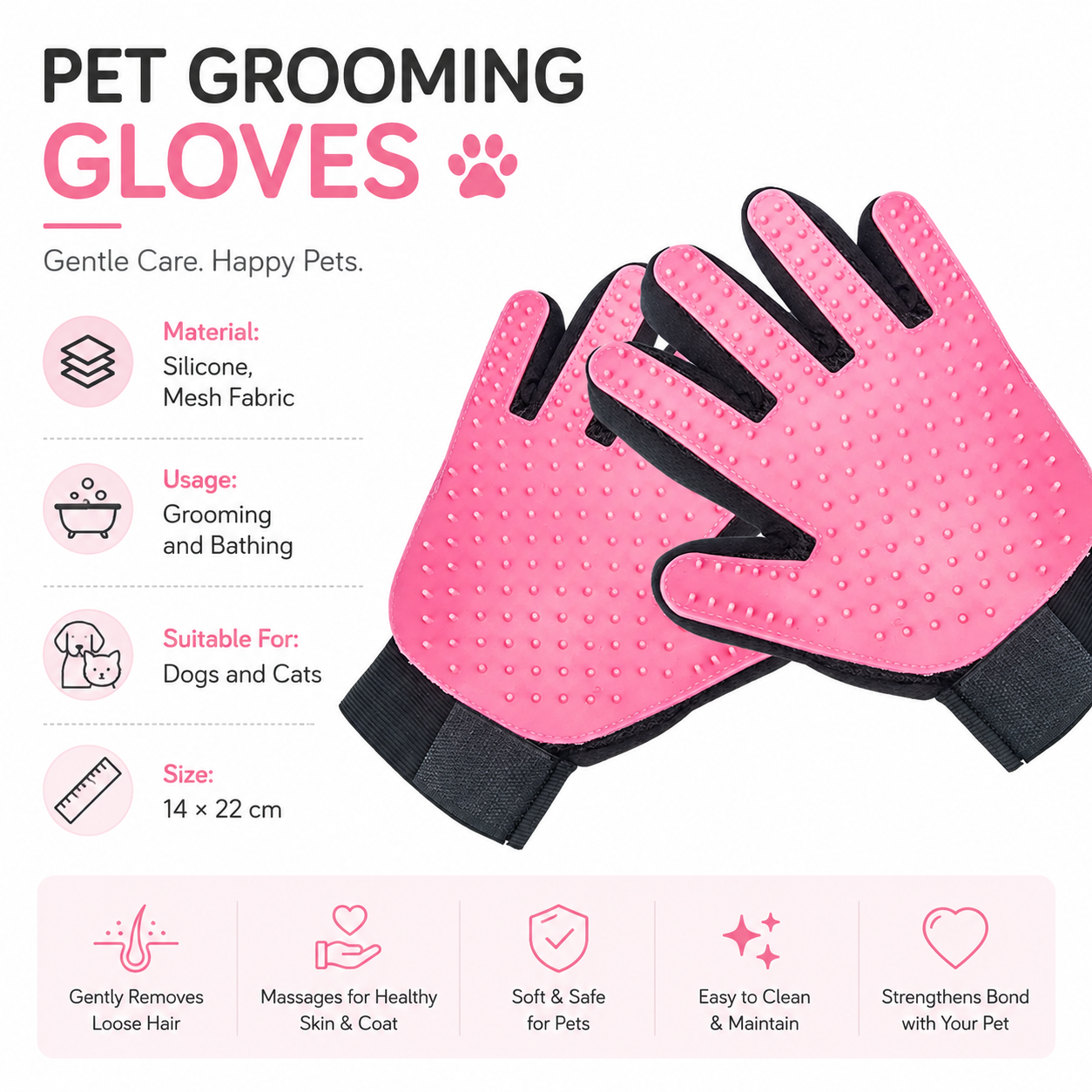 Pet Hair Removal Grooming Gloves with Silicone Bristles for Dogs and Cats - Pink