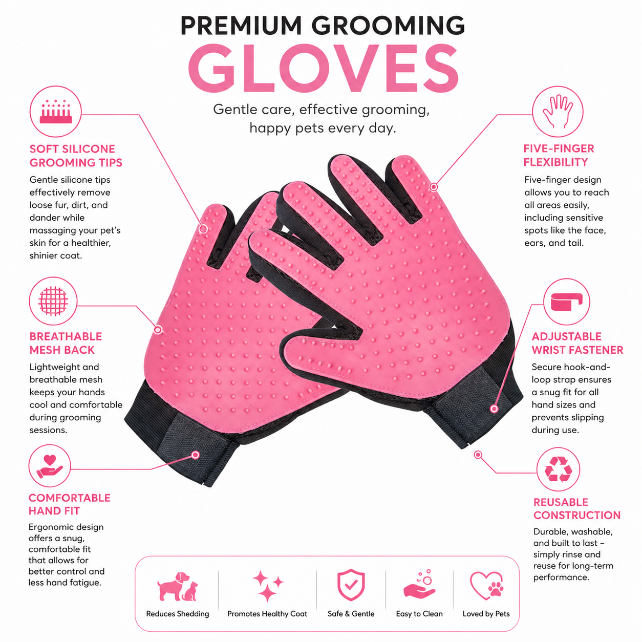 Pet Hair Removal Grooming Gloves with Silicone Bristles for Dogs and Cats - Pink