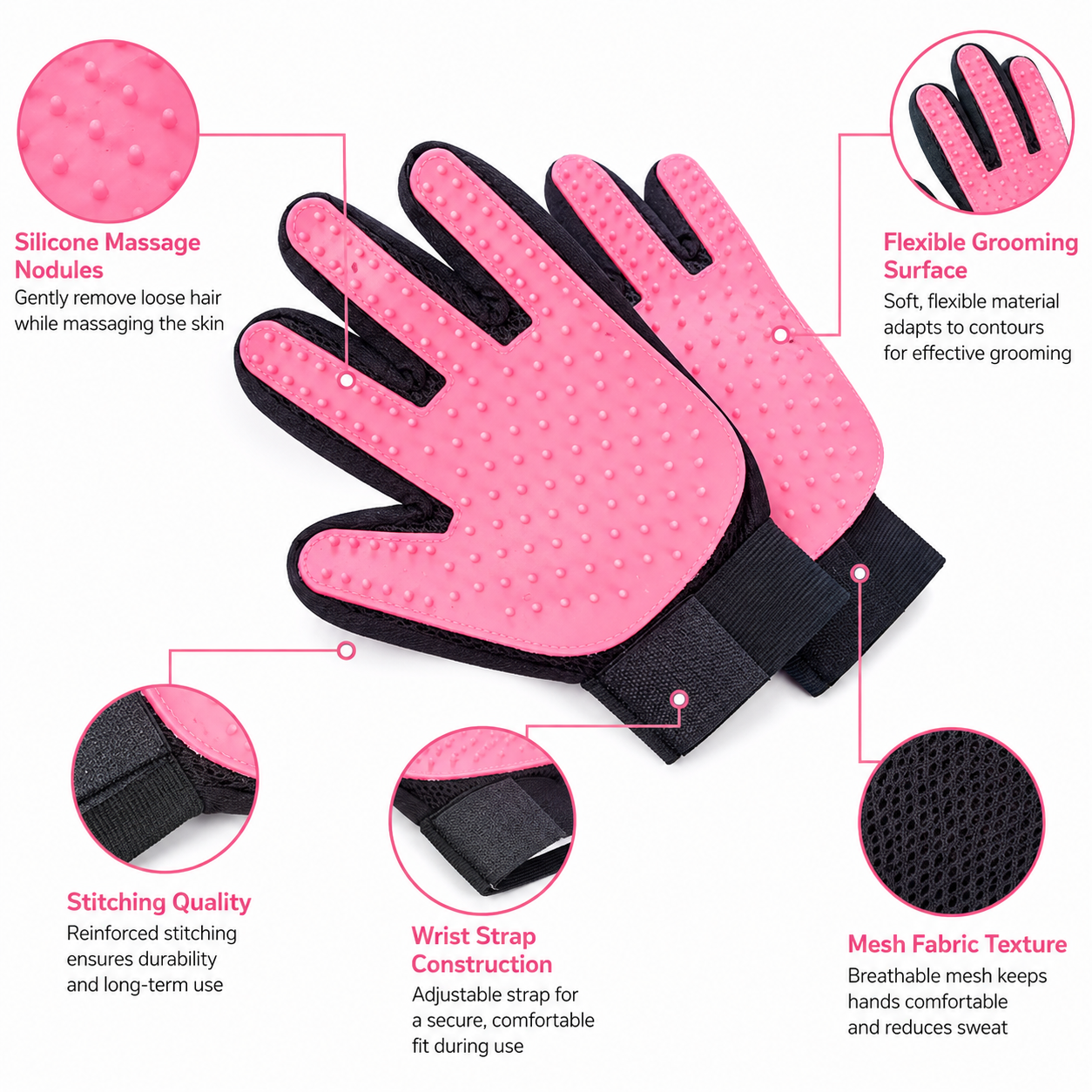 Pet Hair Removal Grooming Gloves with Silicone Bristles for Dogs and Cats - Pink