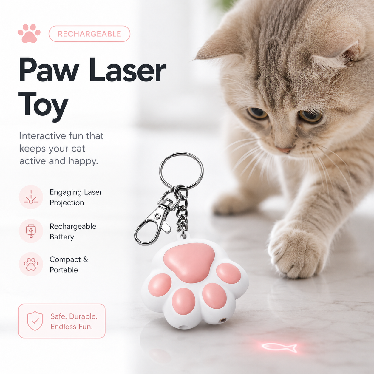 Interactive Rechargeable Pet Laser Toy with Adjustable Light Patterns - White