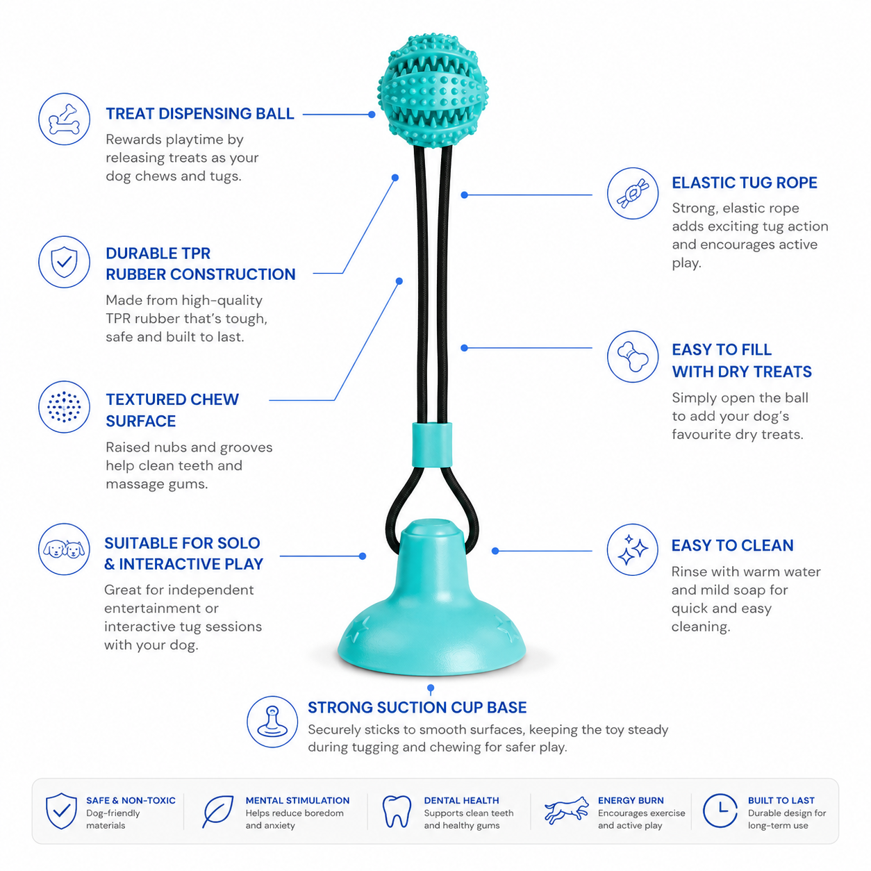 Interactive Suction Cup Dog Toy with Treat Dispensing Ball and Tug Rope