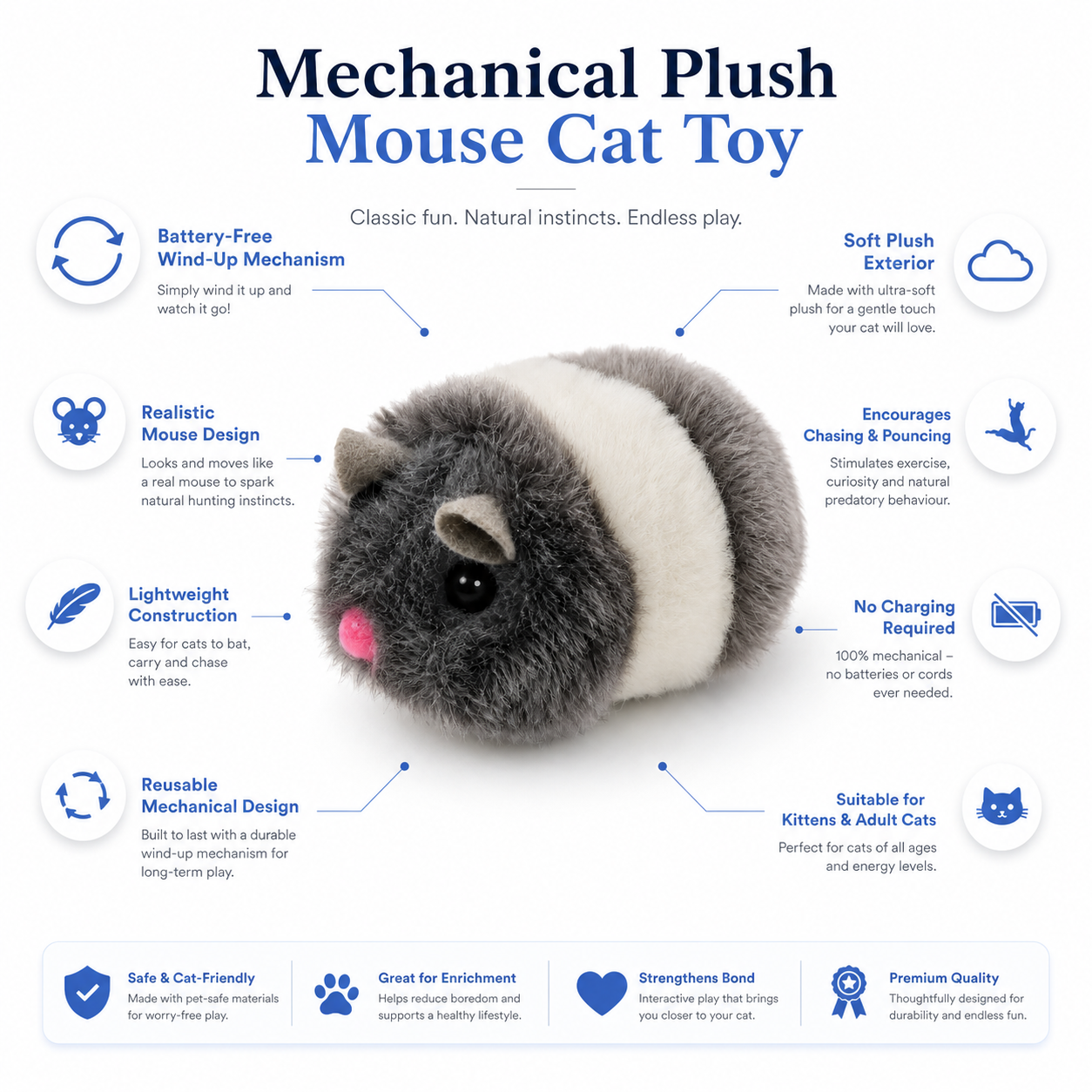 Mechanical Plush Mouse Cat Toy Wind-Up Interactive Toy for Indoor Cats - Black