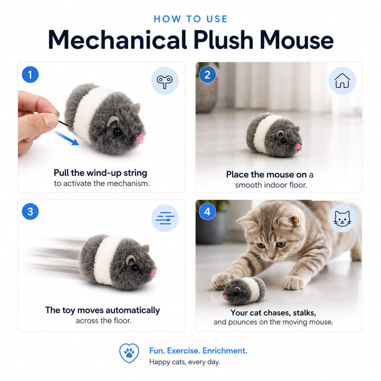Mechanical Plush Mouse Cat Toy Wind-Up Interactive Toy for Indoor Cats - Black