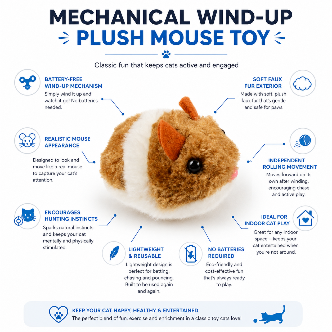 Mechanical Wind-Up Plush Mouse Interactive Chasing Toy for Indoor Cats - Brown