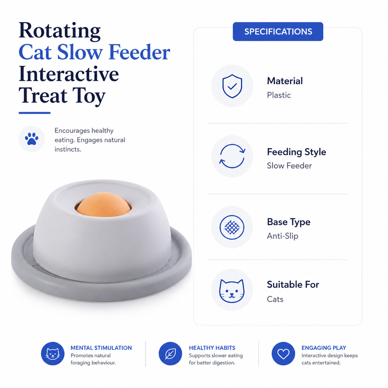 Rotating Cat Licking Plate Slow Feeder Interactive Treat Toy - Grey