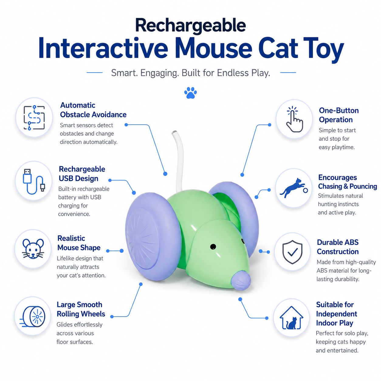 Rechargeable Interactive Mouse Cat Toy with Automatic Obstacle Avoidance