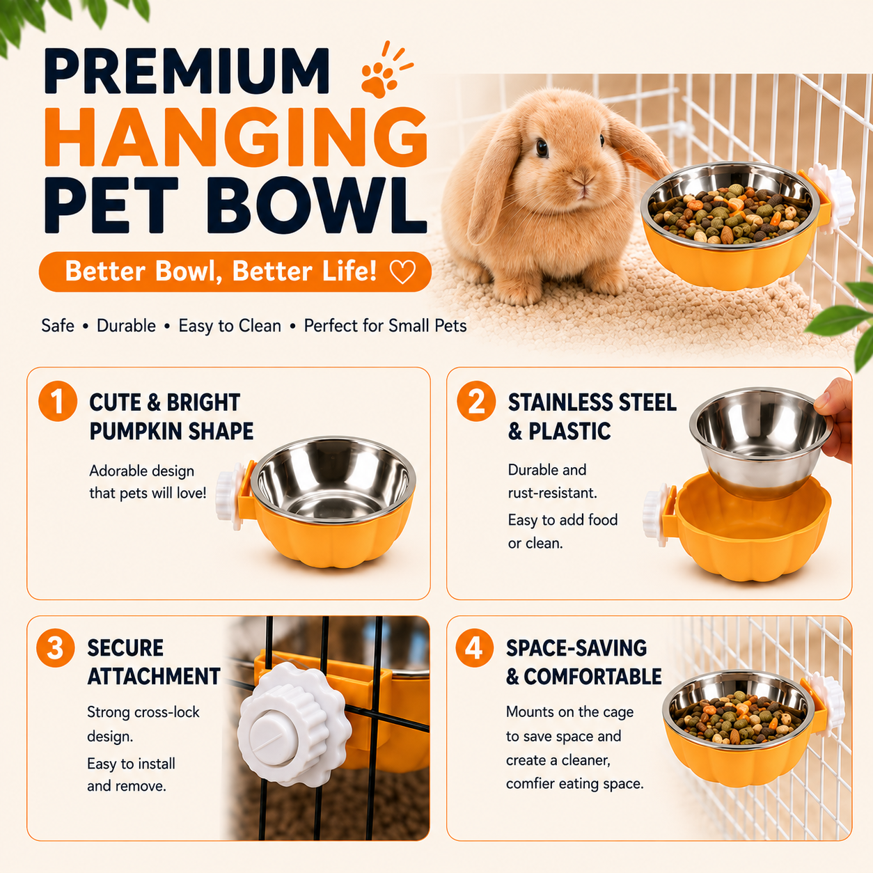 Pet Hanging Food Bowl for Rabbits Hamsters Birds and Cats - Yellow