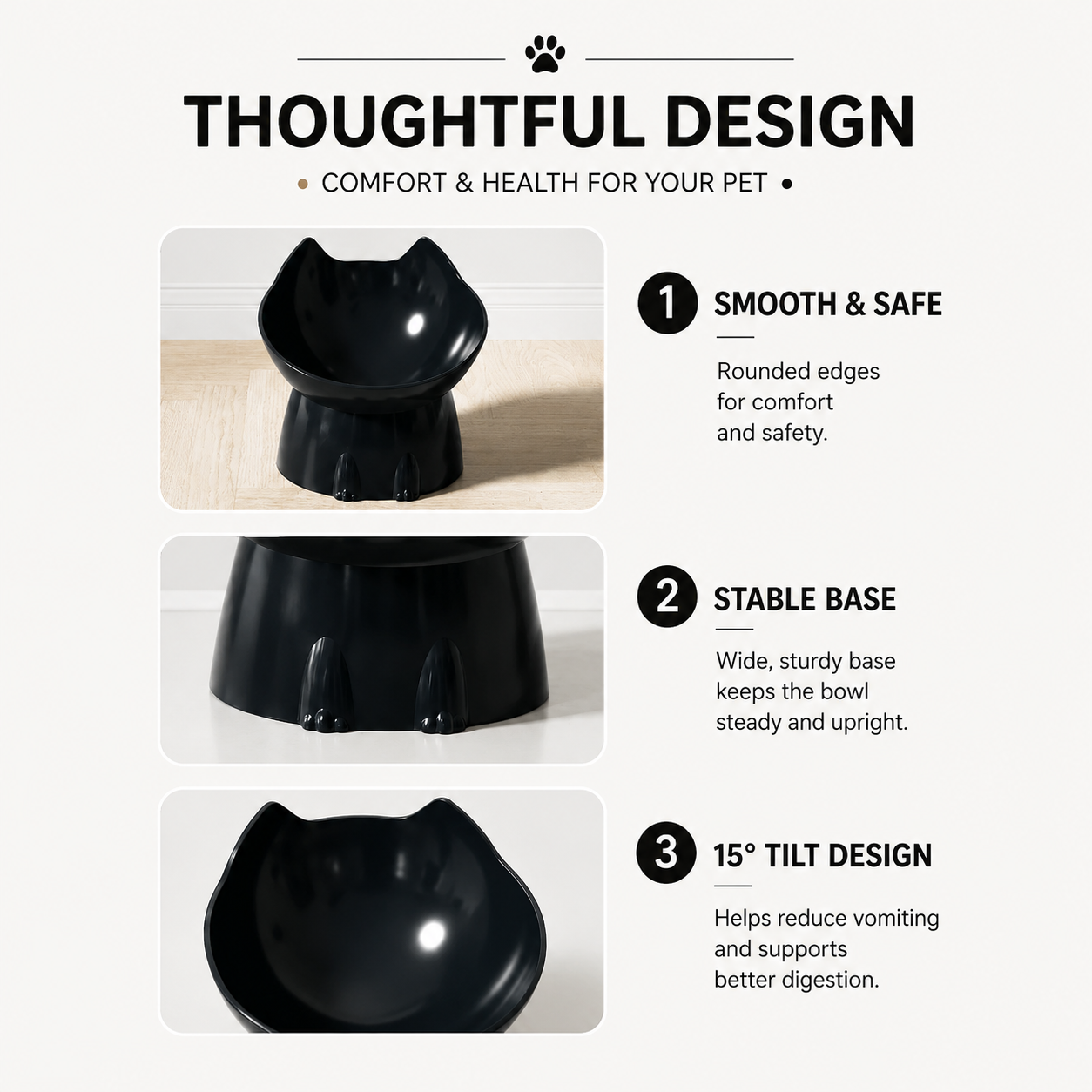 Raised Pet Feeding Bowl with Tilted Edge - Black