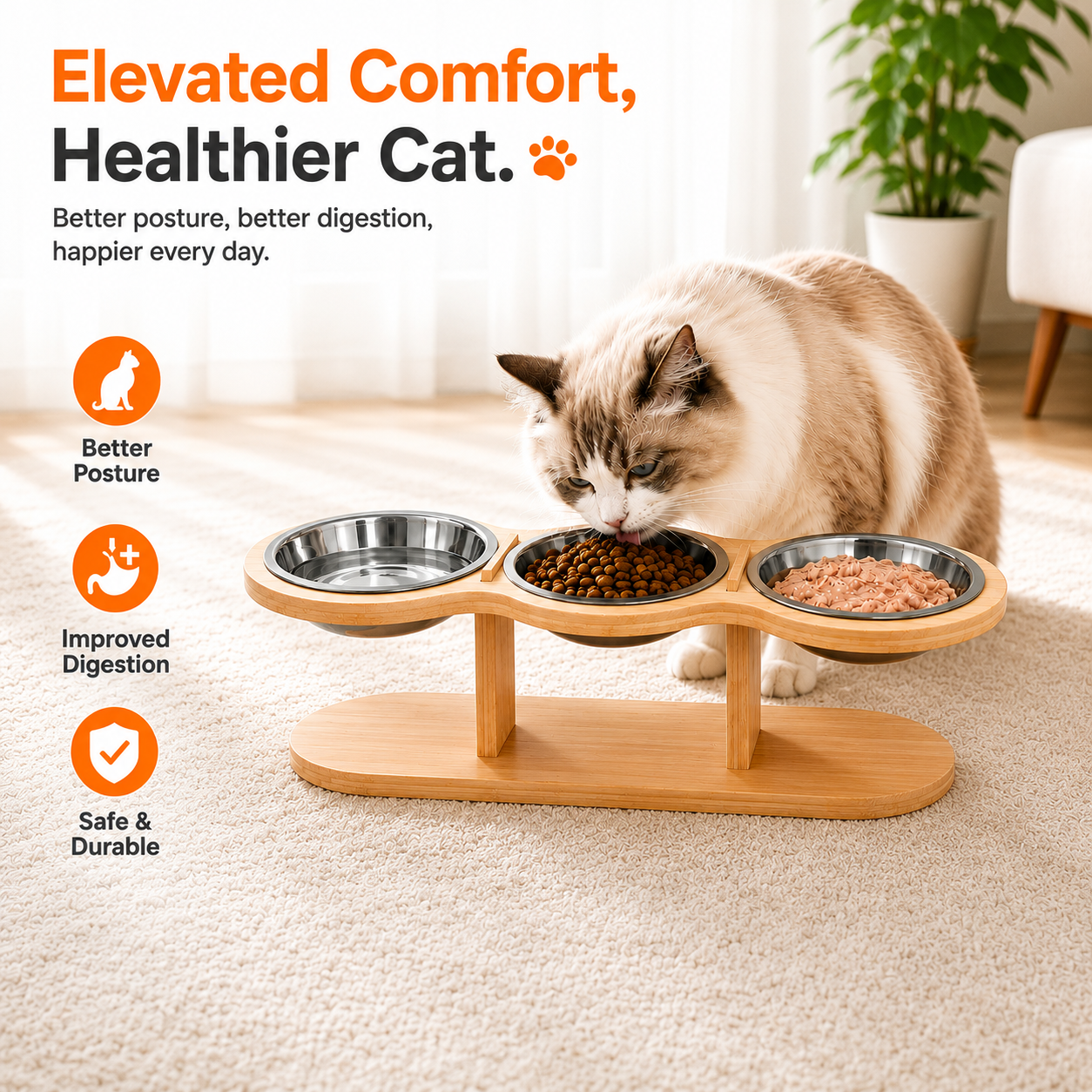 Elevated Cat Feeding Station with 3 Stainless Steel Bowls