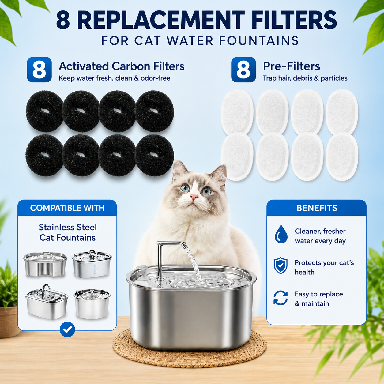 8 Pack Replacement Filters and Foam Sponges for Stainless Steel Pet Water Fountain