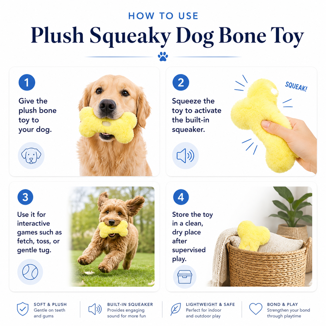 Plush Squeaky Dog Bone Interactive Toy for Puppies and Dogs