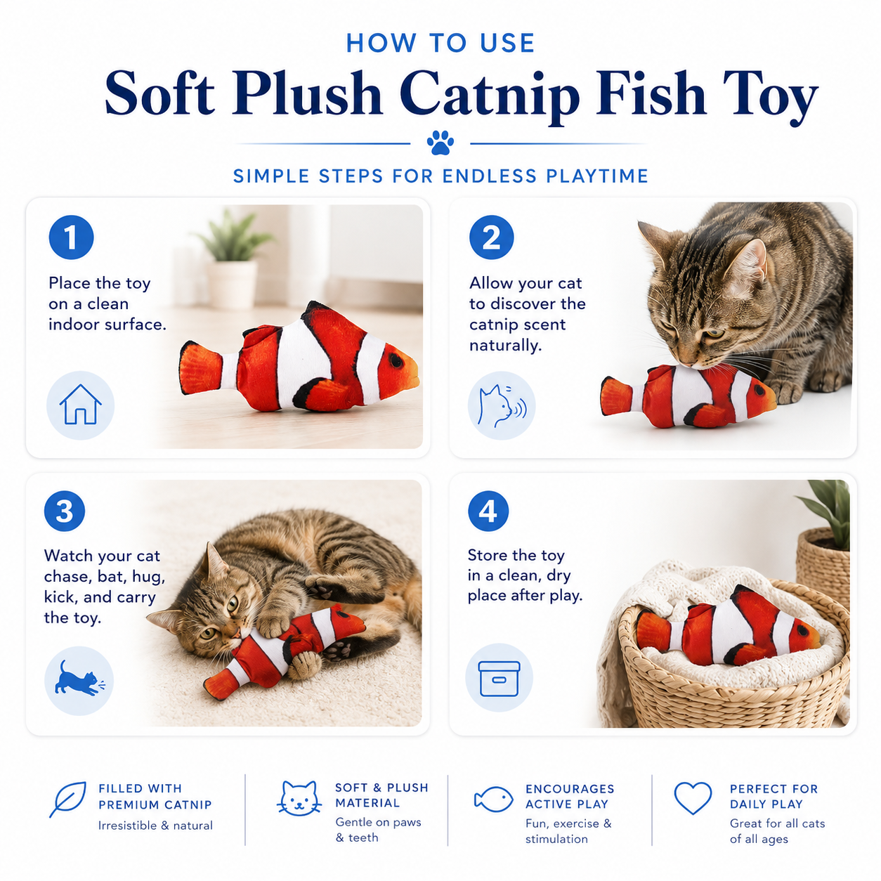 Soft Plush Catnip Fish Toy Interactive 3D Cat Play Toy for Indoor Cats
