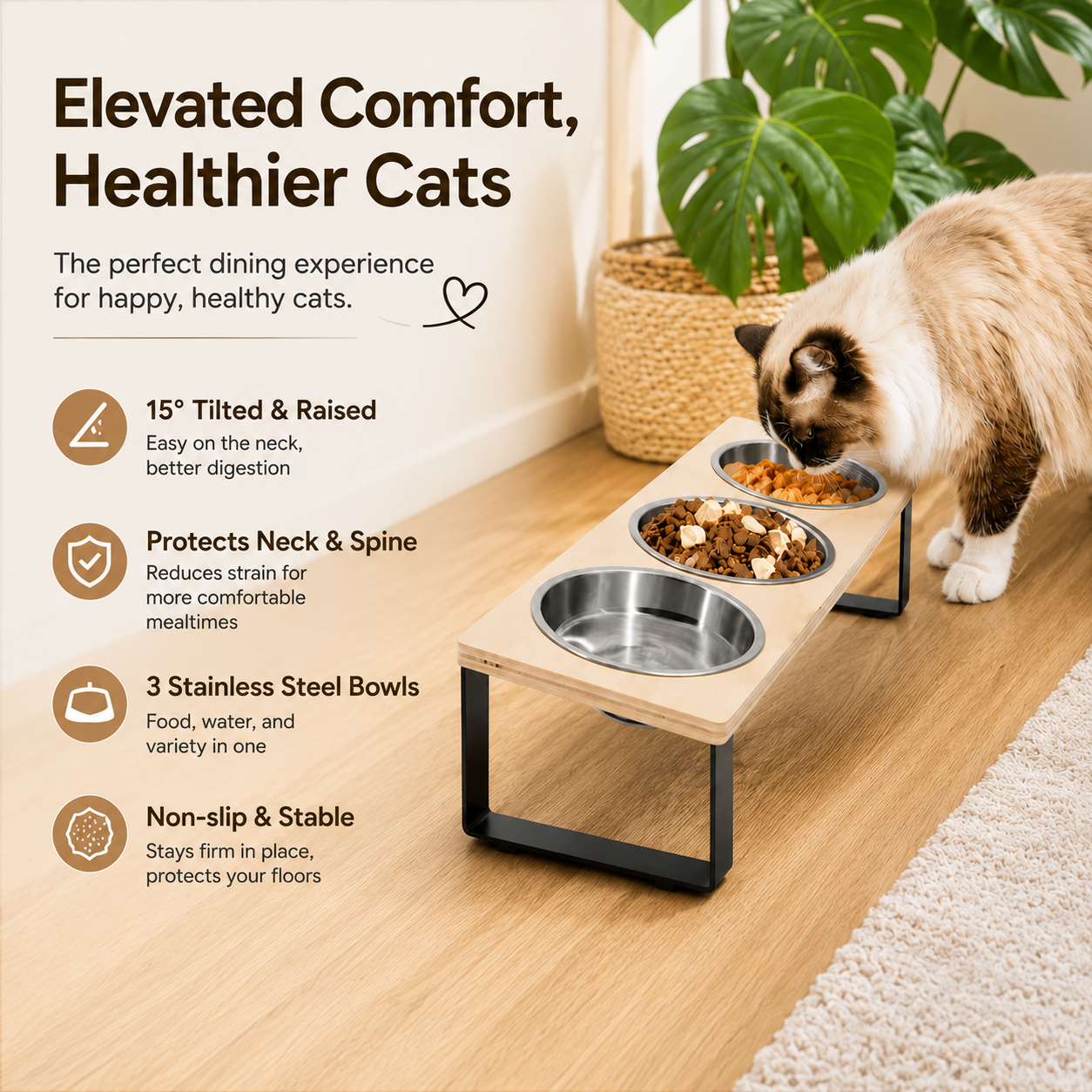 Raised Cat Feeding Stand with 3 Stainless Steel Bowls