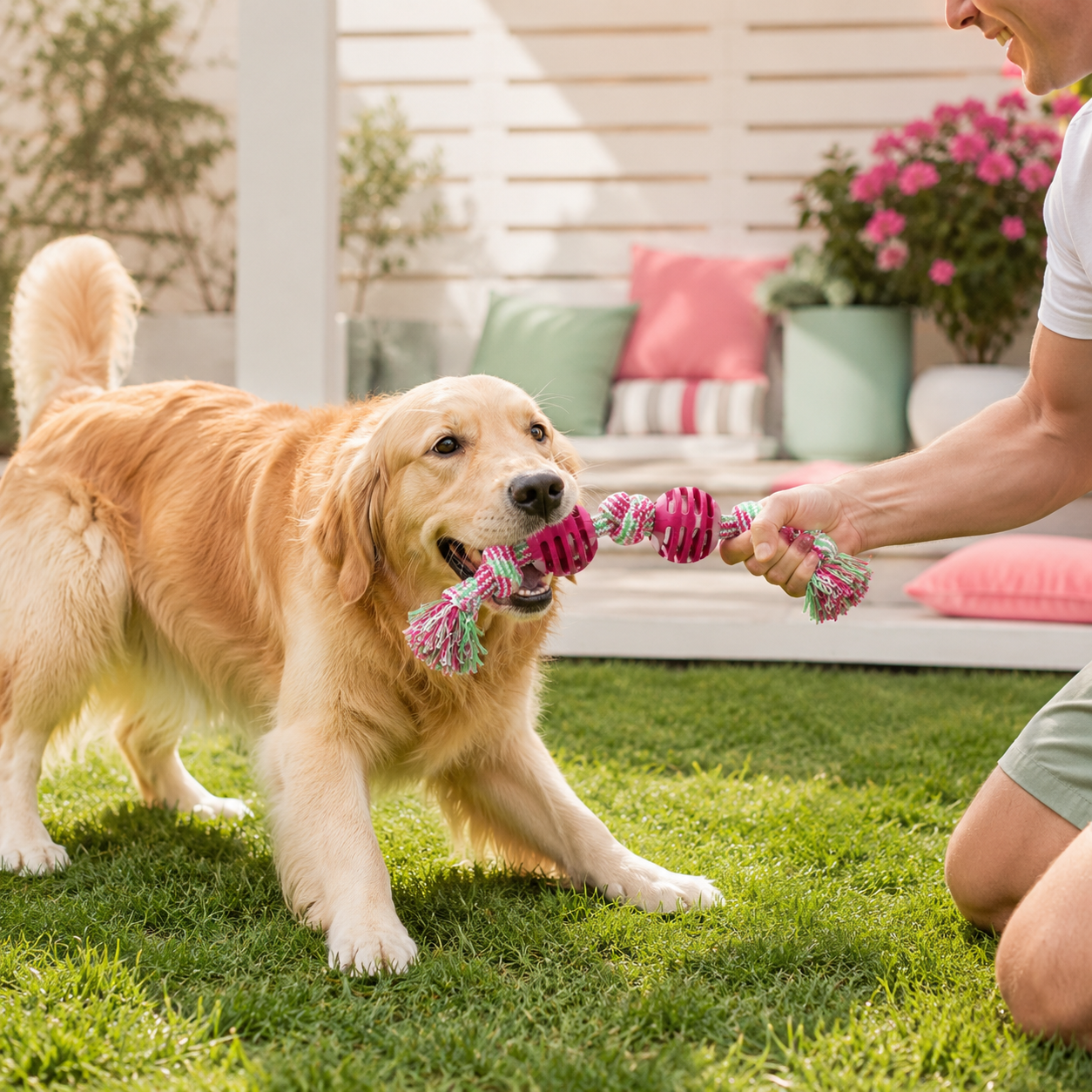 Double Knot Cotton Rope Dog Toy with Ball Durable Chew - Red
