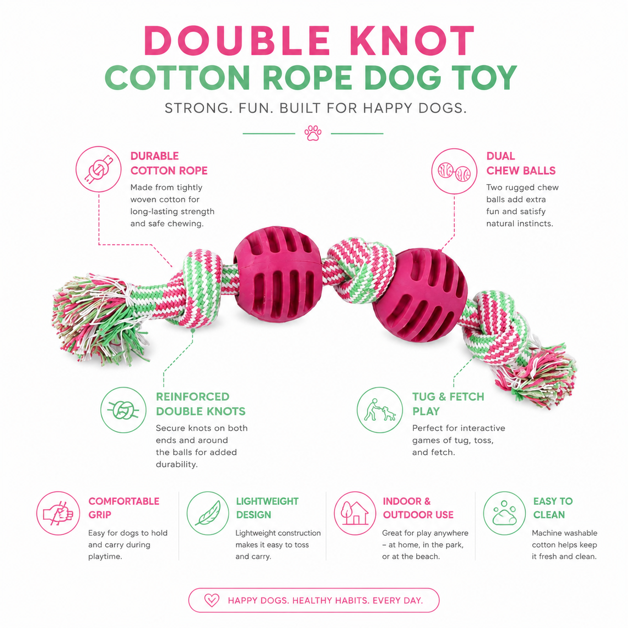 Double Knot Cotton Rope Dog Toy with Ball Durable Chew - Red