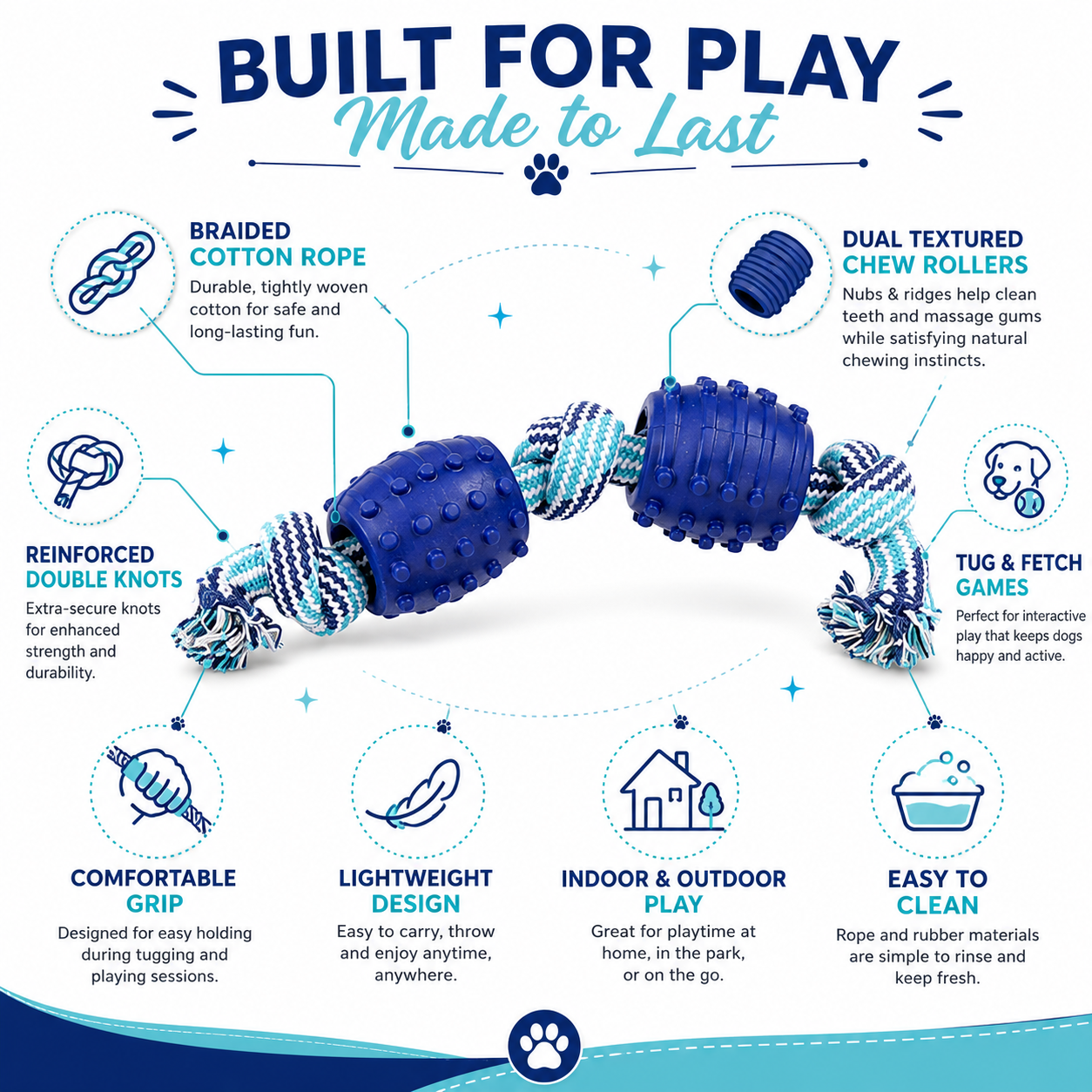 Heavy Duty Cotton Rope Interactive Fetch Tug and Chew Toy - Blue