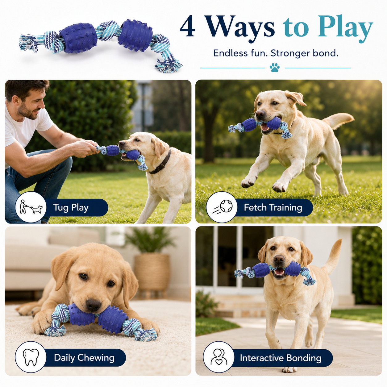Heavy Duty Cotton Rope Interactive Fetch Tug and Chew Toy - Blue