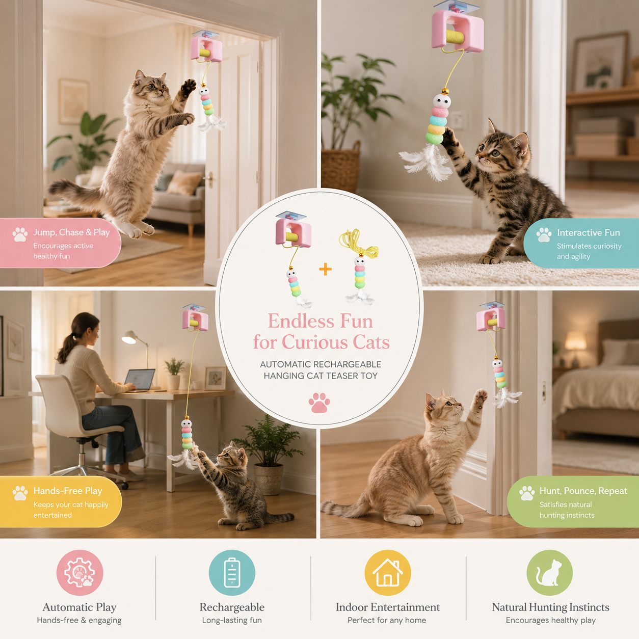 Automatic Hanging Cat Toy Rechargeable Interactive Door Teaser for Cats