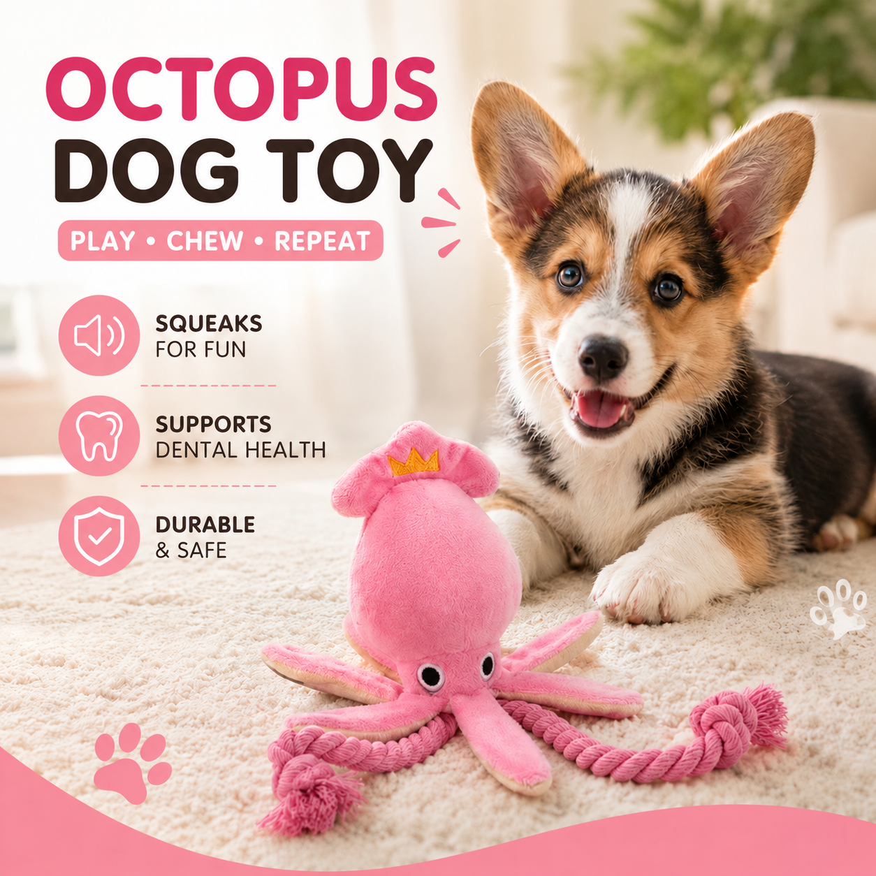 Squeaky Octopus Dog Toy - Cotton Rope Interactive Chew Toy