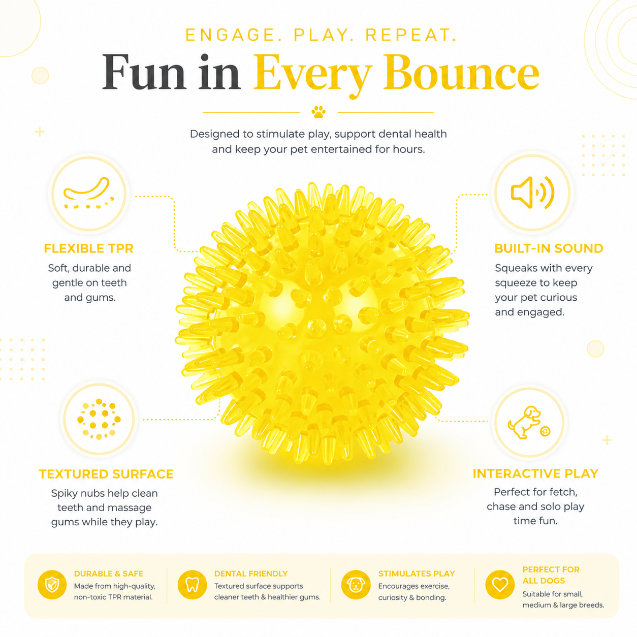 Interactive TPR Pet Ball Toy for Dogs and Puppies with Sound Effect - Yellow