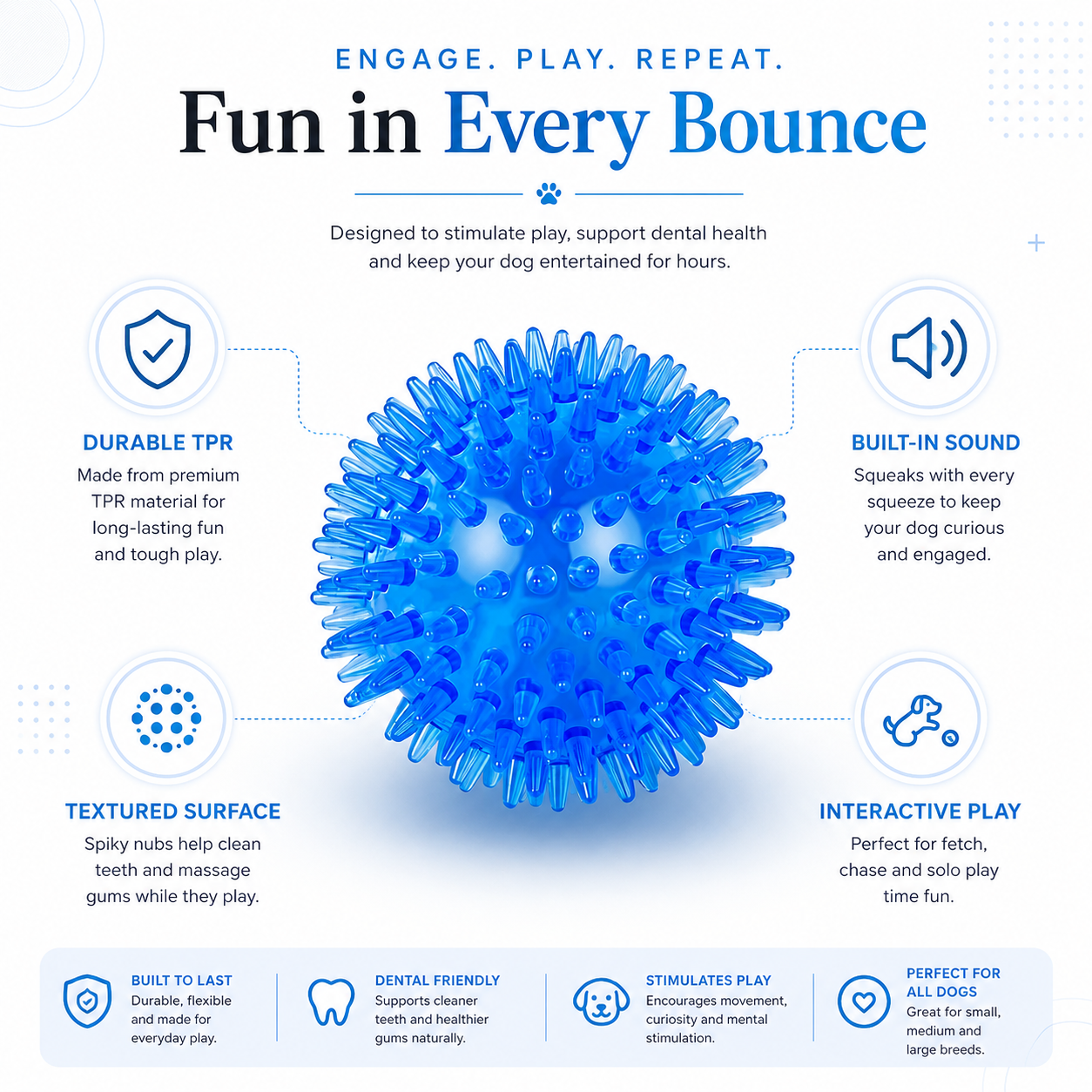 Durable TPR Chew Ball Dog Toy for Fetch Training and Active Play - Blue