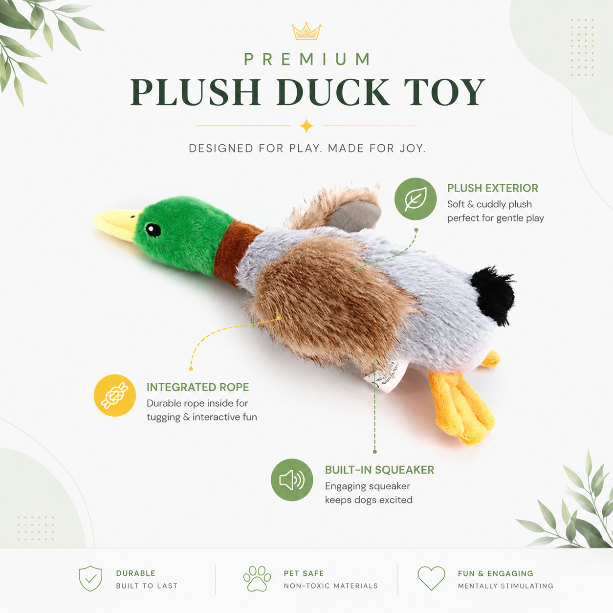Cute Plush Duck Squeaky Dog Toy with Built-In Rope for Interactive Fun