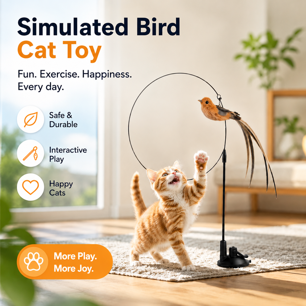 Simulated Bird Cat Toy with Suction Cup Interactive Feather Teaser Wand for Cats