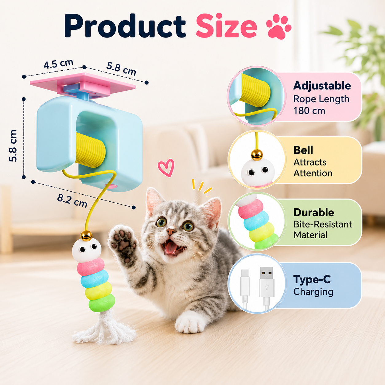 Doorway Cat Toy Auto Moving Caterpillar Teaser with 2 Ropes - Blue