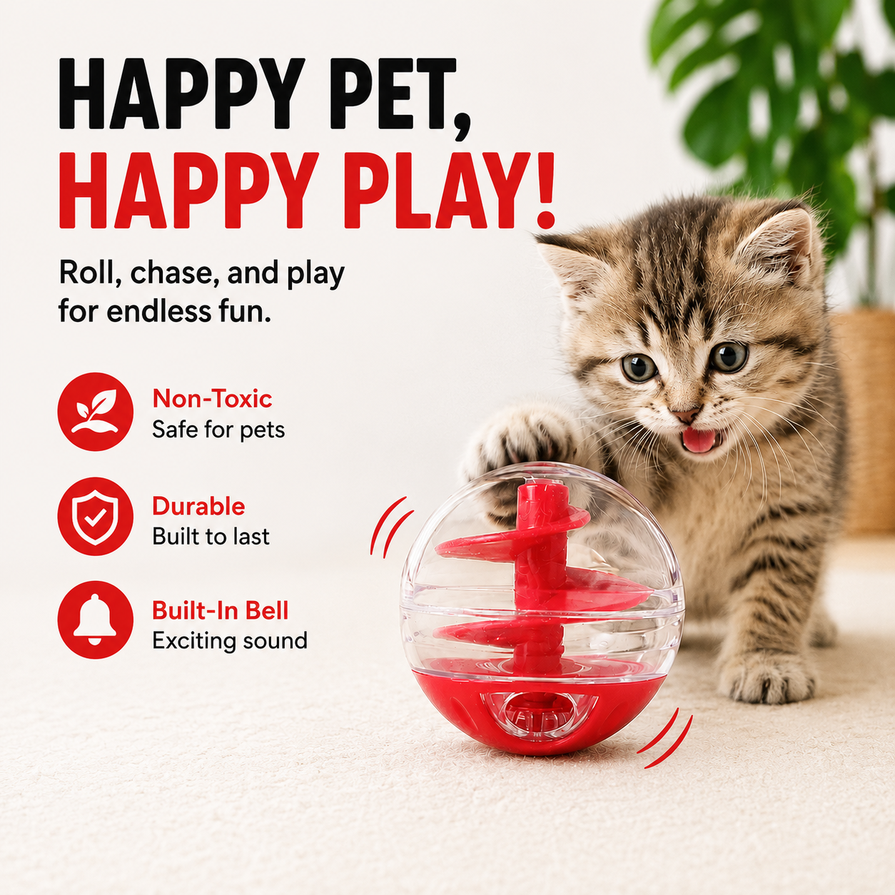 Cat Treat Dispensing Ball Interactive Food Puzzle Toy for Cats - Red
