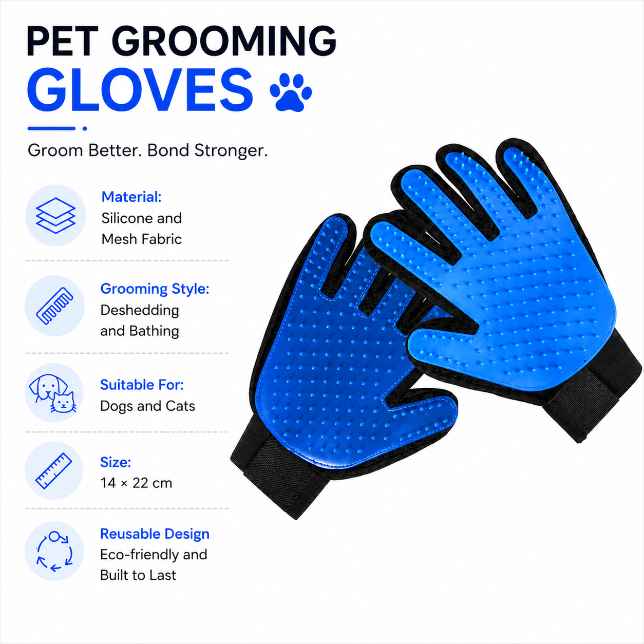 2-in-1 Pet Grooming Gloves Set for Massage & Hair Removal - Blue