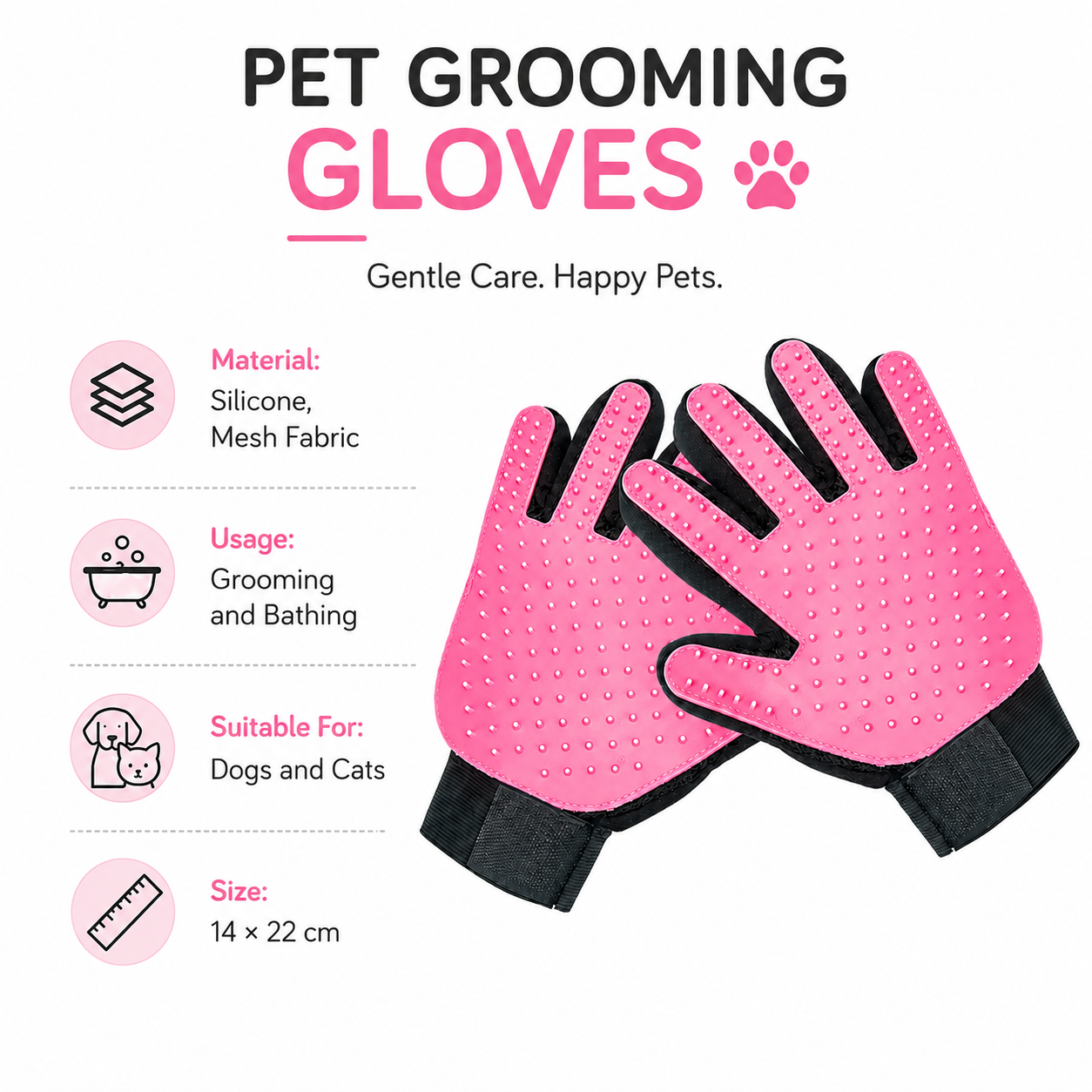 2-in-1 Pet Grooming Gloves Set for Massage & Hair Removal - Pink