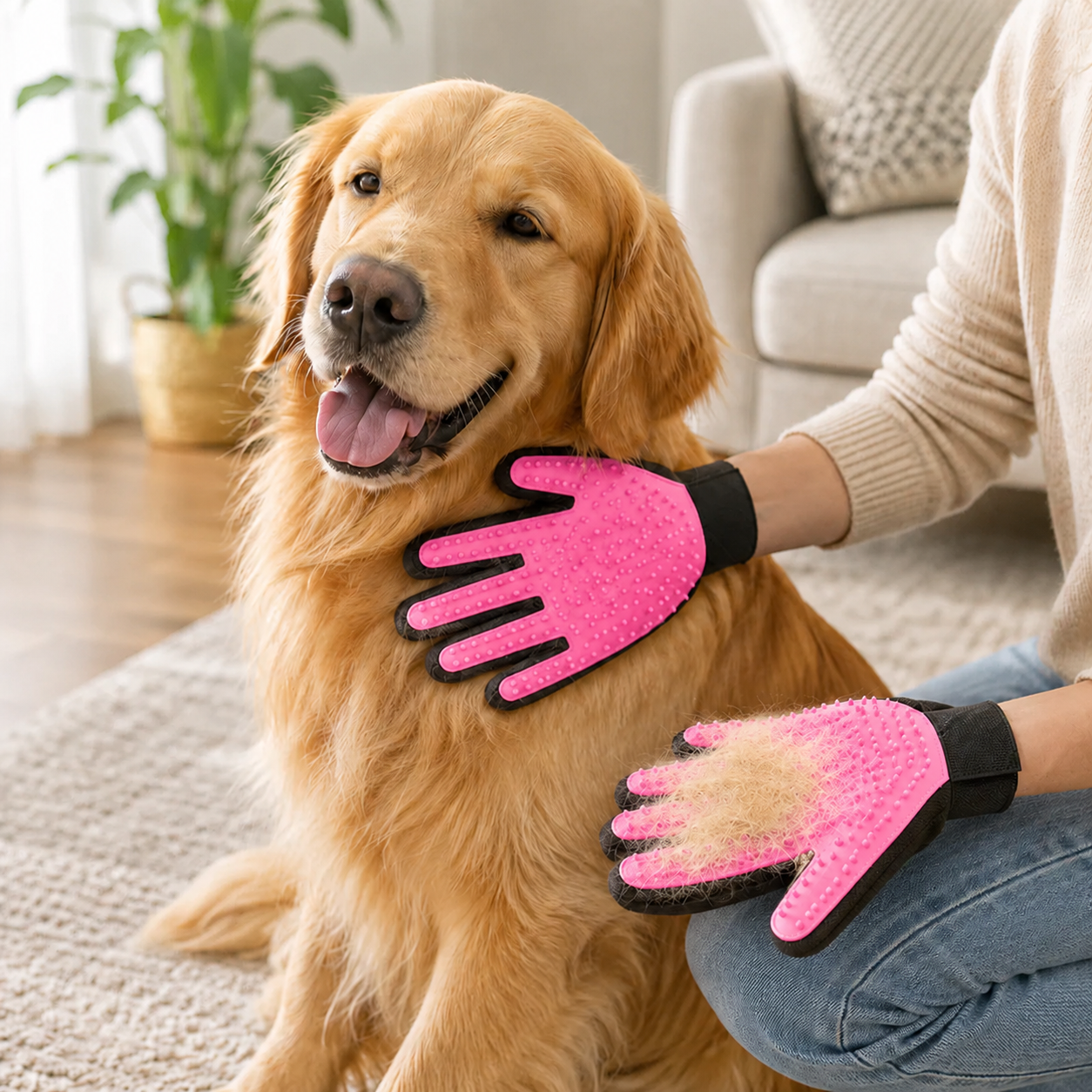 2-in-1 Pet Grooming Gloves Set for Massage & Hair Removal - Pink