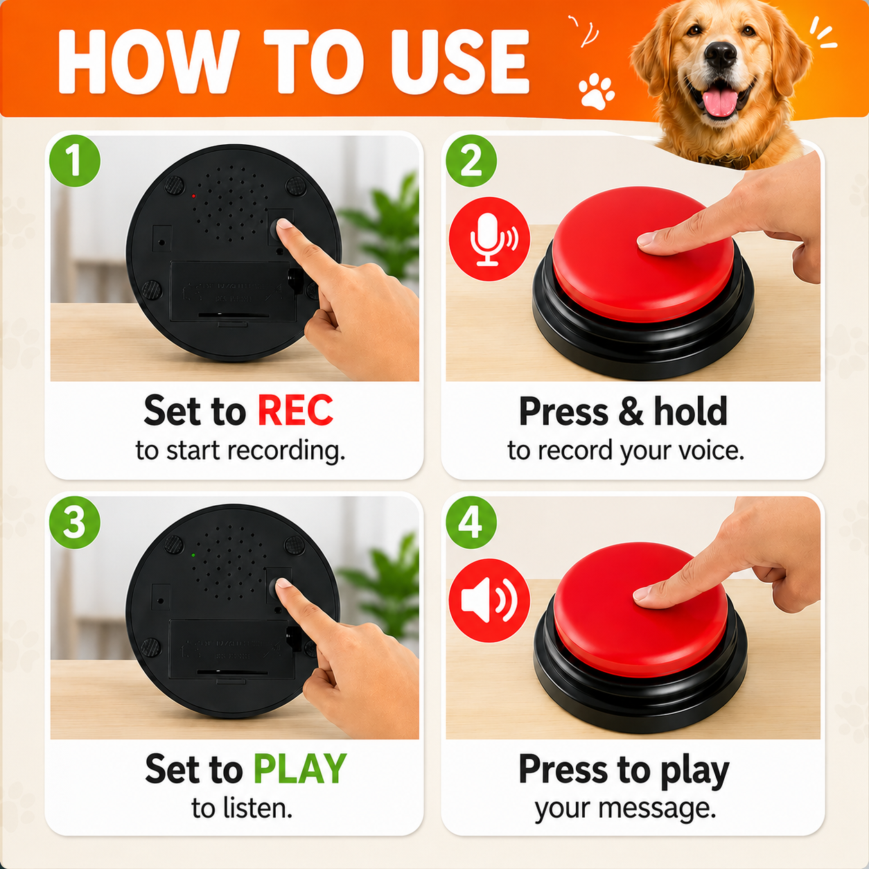 Voice Recording Button for Pet Training 30 Second Record and Playback Buzzer - 4 PCS